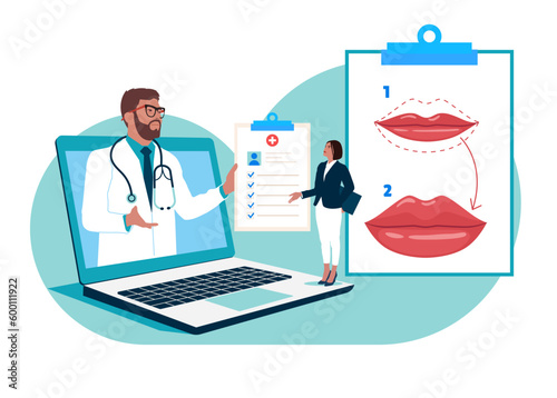 Online Plastic surgeon, doing medical cosmetic correction сonsultate with a patient. Correction of augmentation volume Lip, changing Lip shape during rhinoplasty surgery. Flat vector illustration