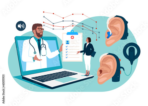 Online Audiologist ENT-Doctor сonsultate with a patient.  Internet Medical Hospital Diagnostics. Flat vector illustration