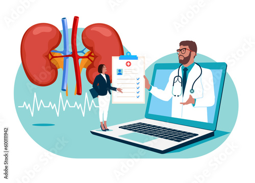 Online doctor сonsultate with a patient. Examining kidneys. Medicine, physiology and pharmacy research.
