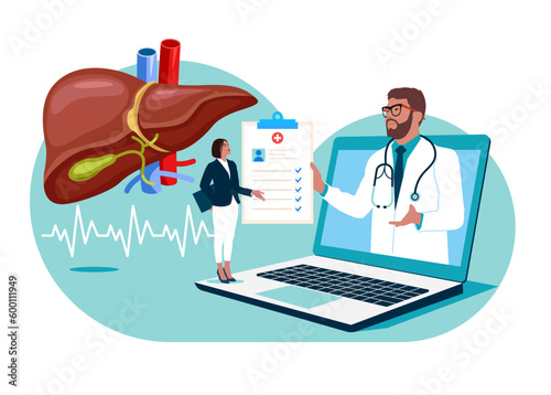 Online Doctor consultate with a patient. Doing medical research, examination, check health. Hepatitis World Day. Concept of liver disease, cirrhosis, cancer awareness, medical treatment