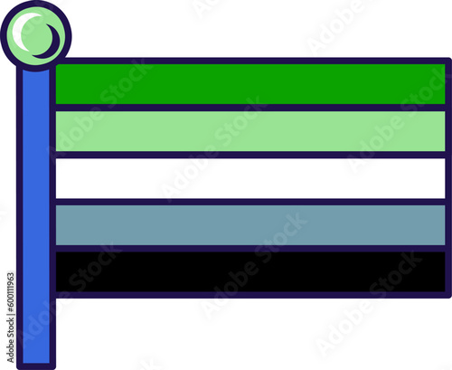 Flag of Aromantic Pride on flagstaff. Traditional and progressive unconventional sexual relations between sexes groups. Color stroke vector isolated on white background