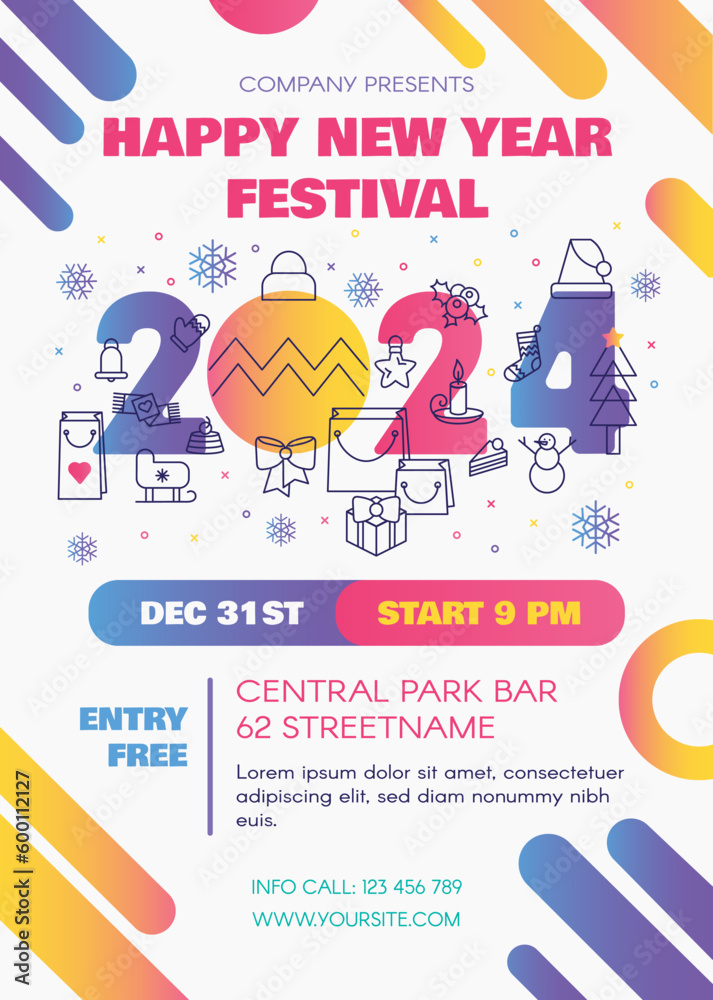 Obraz premium Stylish Happy 2024 New Year Holiday poster in light white blue colors with date 2024 and holiday attributes. Template for printing, announcement poster for inviting guests to celebration. Vector