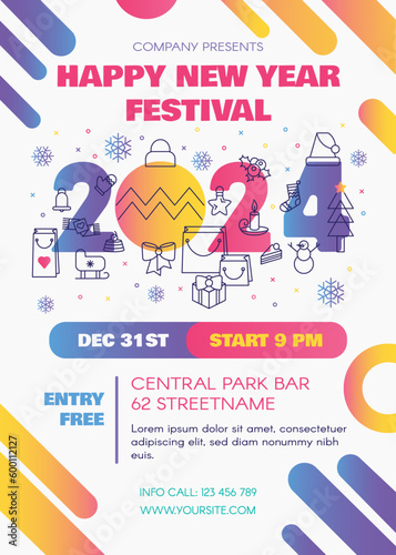 Stylish Happy 2024 New Year Holiday poster in light white blue colors with date 2024 and holiday attributes. Template for printing, announcement poster for inviting guests to celebration. Vector