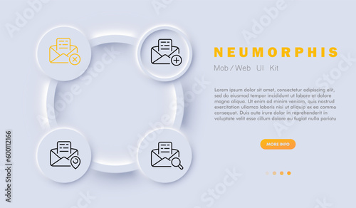 Letter icon set. Email, computer screen or mobile device displaying an email inbox or composing a new email Mail concept. Neomorphism style. Vector line icon for Business and Advertising