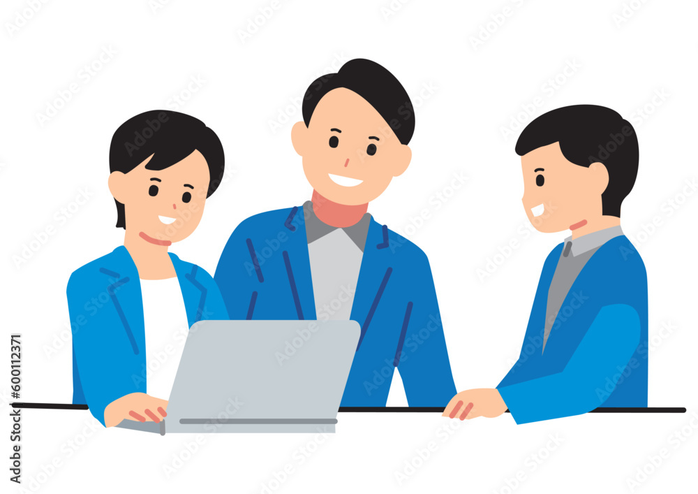 Three people sitting and having a meeting while looking at a laptop (filled version) Three people sitting and having a meeting while looking at a laptop (filled version)