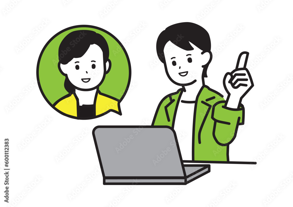 Illustration of a woman having a meeting with a woman on a PC screen Line drawing barge