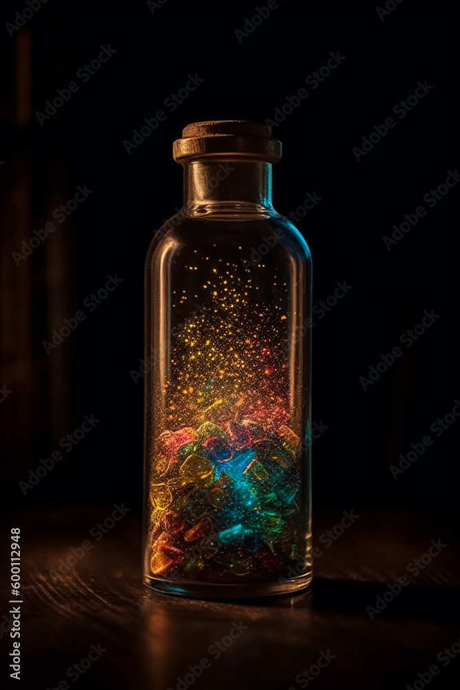 A bottle of colorful magical fantasy stones is filled with gold and blue liquid. Generative AI A bottle of colorful magical fantasy stones is filled with gold and blue liquid. Generative AI