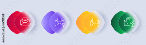 Messaging by letters icon set. Communication through sending and receiving letters, envelopes, postcards, and stamps. Mail concept. Glassmorphism style. Vector line icon for Business and Advertising