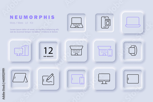 Electronic devices icon set. smartphones, tablets, laptops, and other gadgets. Technology concept. Neomorphism style. Vector line icon for Business and Advertising