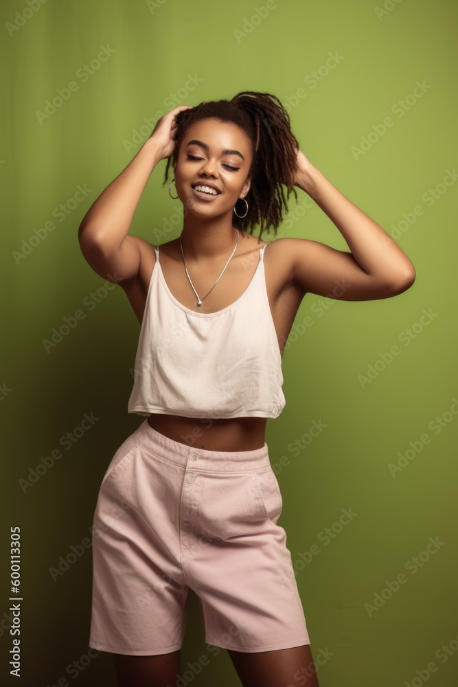 Fictional afro young woman wearing colored casual clothes, posing in a studio, smiling and happy, isolated on plain background. Generative AI illustration.