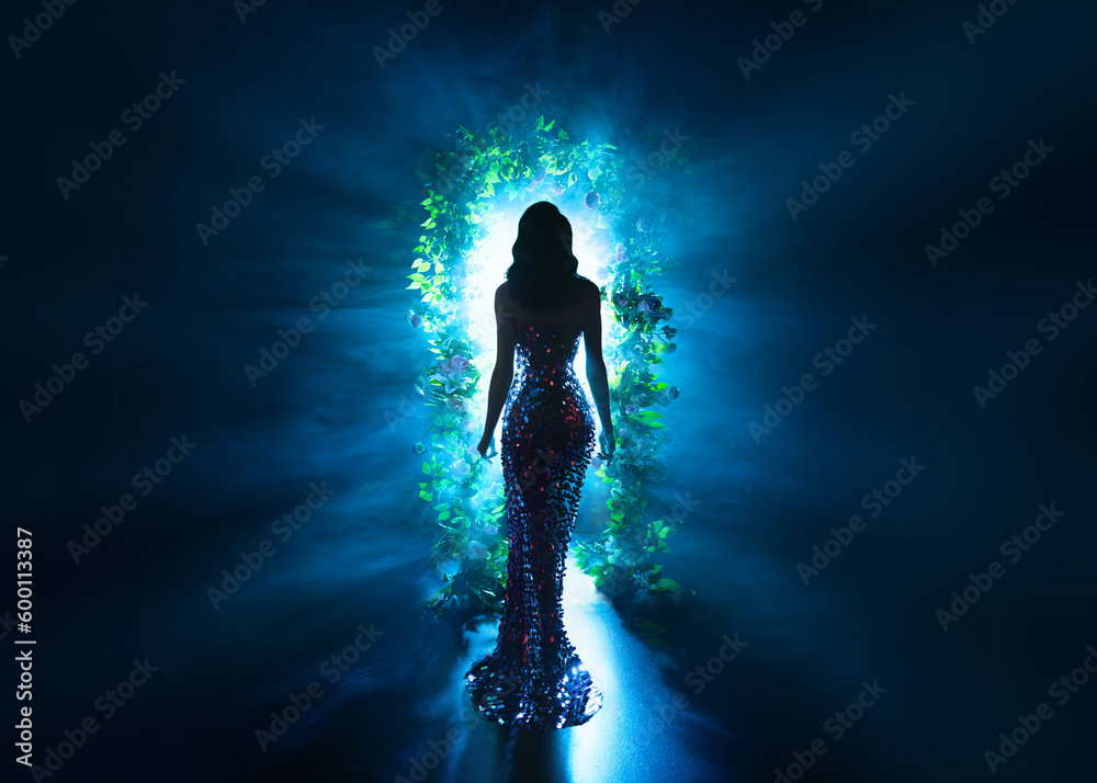 dark shadow silhouette fantasy woman walking in black night garden in fog glowing portal arch flowers, art neon blue magic light. Mystery lady. Gothic luxury Girl princess shiny dress back rear view - obrazy, fototapety, plakaty 