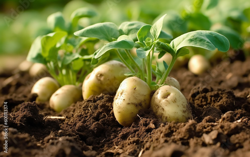 Freshly grown potato plants with exposed tubers, set in fertile soil, capturing the essence of organic farming and the cycle of crop cultivation.