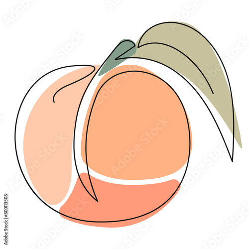 Whole Peach Line Art design with colorful shapes. One Continuous Line drawing. Hand Draw exotic fruit. Simple outline style. Vector illustration for card, poster, logo