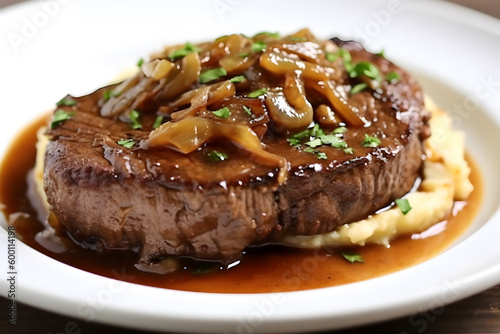 Gravy Steak with Mashed Potatoes created with Generative AI technology 