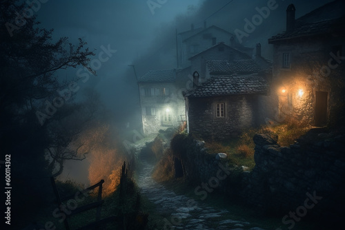 Foggy moonlit night in  mysterious village.