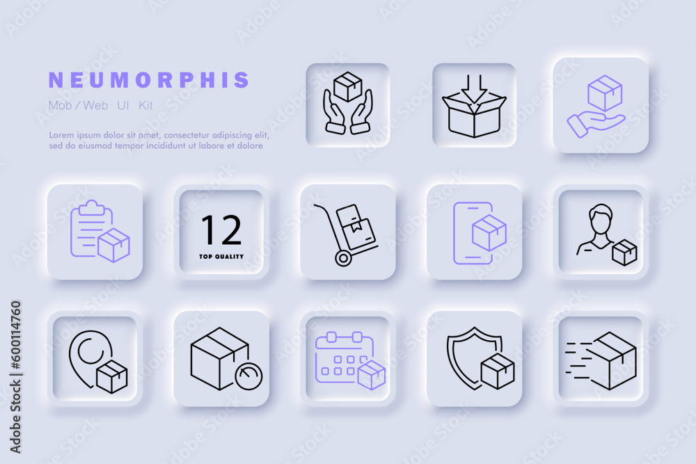 Box packaging icon set. A visual representation of cardboard or paper boxes used for packaging and Transportation of goods. Neomorphism style. Vector line icon for Business Box packaging icon set. A visual representation of cardboard or paper boxes used for packaging and Transportation of goods. Neomorphism style. Vector line icon for Business