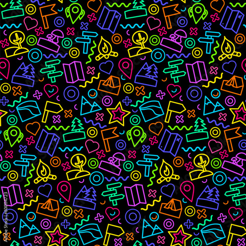 Camping travel neon seamless pattern with glowing maps, checkpoint mark, location of campground. Ornament for printing on fabric, cover and packaging. Color line vector isolated on black background