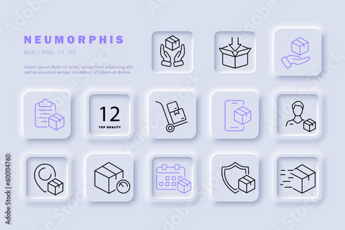 Box packaging icon set. A visual representation of cardboard or paper boxes used for packaging and Transportation of goods. Neomorphism style. Vector line icon for Business