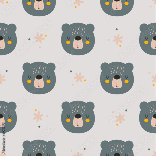 Seamless childish pattern with cute bear. Animal seamless background. Scandinavian style element for t-shirt print