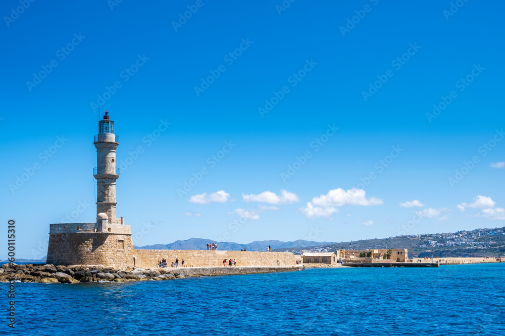Venetian harbour and lighthouse in old harbour of Chania, Crete, Greece.
