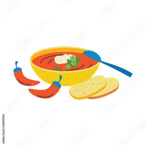 Borscht with sour cream, Ukrainian dish. Ukrainian symbols.