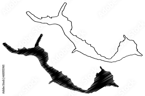 Lake Perucac reservoir (Republic of Serbia, Bosnia and Herzegovina) map vector illustration, scribble sketch Jezero Perućac dam map