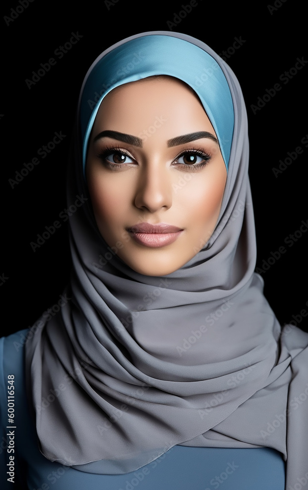 Intricate details of a woman's face adorned with subtle makeup, gracefully covered with a hijab.