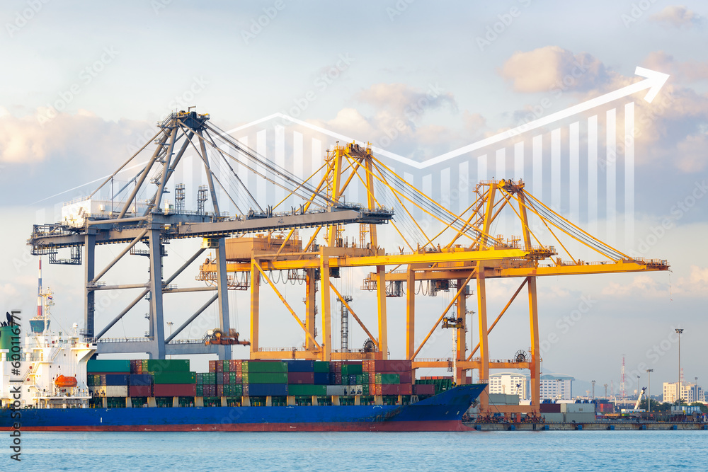 Cargo ship, cargo container work with crane at dock, port or harbour. Freight transport with up arrow, increase graph or bar chart. Concept for export, growth market, trade, profit, demand and supply.