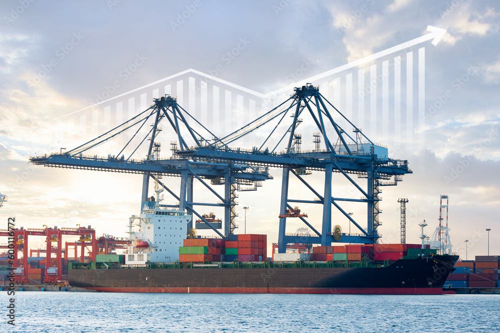 Cargo ship, cargo container work with crane at dock, port or harbour. Freight transport with up