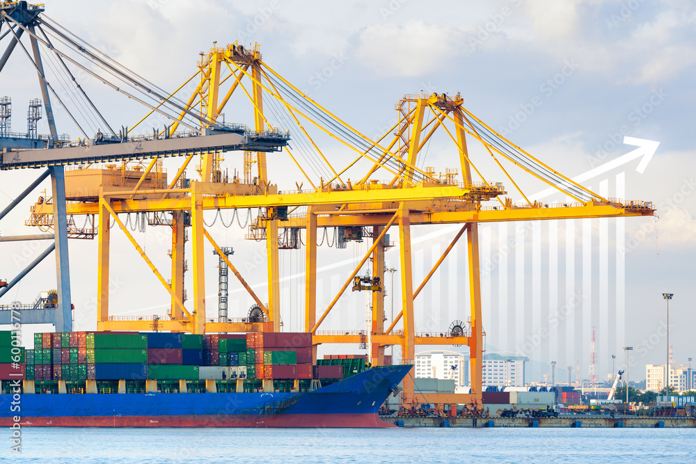 Cargo ship, cargo container work with crane at dock, port or harbour. Freight transport with up