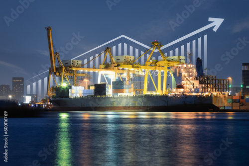 Cargo ship, cargo container work with crane at dock, port or harbour. Freight transport with up arrow, increase graph or bar chart. Concept for export, growth market, trade, profit, demand and supply.