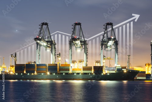 Fényképezés Cargo ship, cargo container work with crane at dock, port or harbour