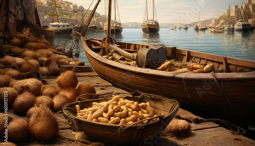 Artistic recreation of potatoes ina big basket in an old port with ships on a sunny day. illustration AI photo