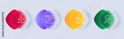 Online webinar icon set. The concept highlights the growing trend of remote work and learning. Communication concept. Glassmorphism style. Vector line icon for Business and Advertising