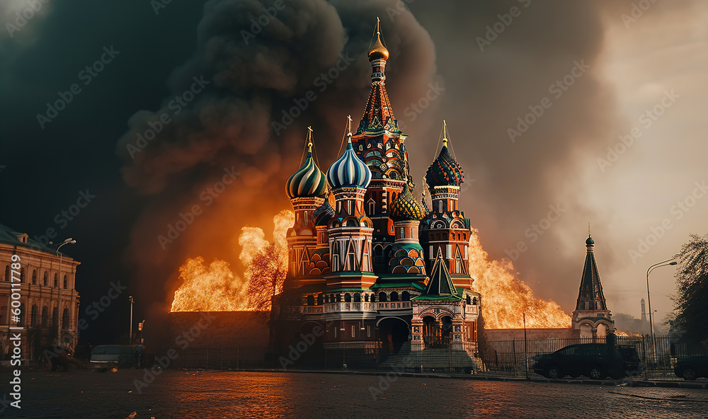 Kremlin towers in Moscow City on fire, St. Basil's Cathedral and Kremlin in Flames, Architecture on the Red Square in russian capital city - Concept Art. Generative AI 