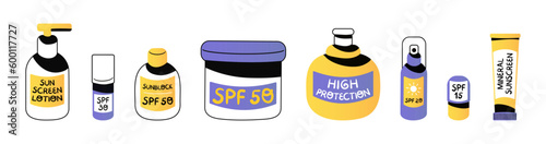 Set of sunscreen cosmetic bottles with SPF. Collection of creams, lotion and spray with sunblock. Summer skincare and protection concept. Flat modern vector illustration