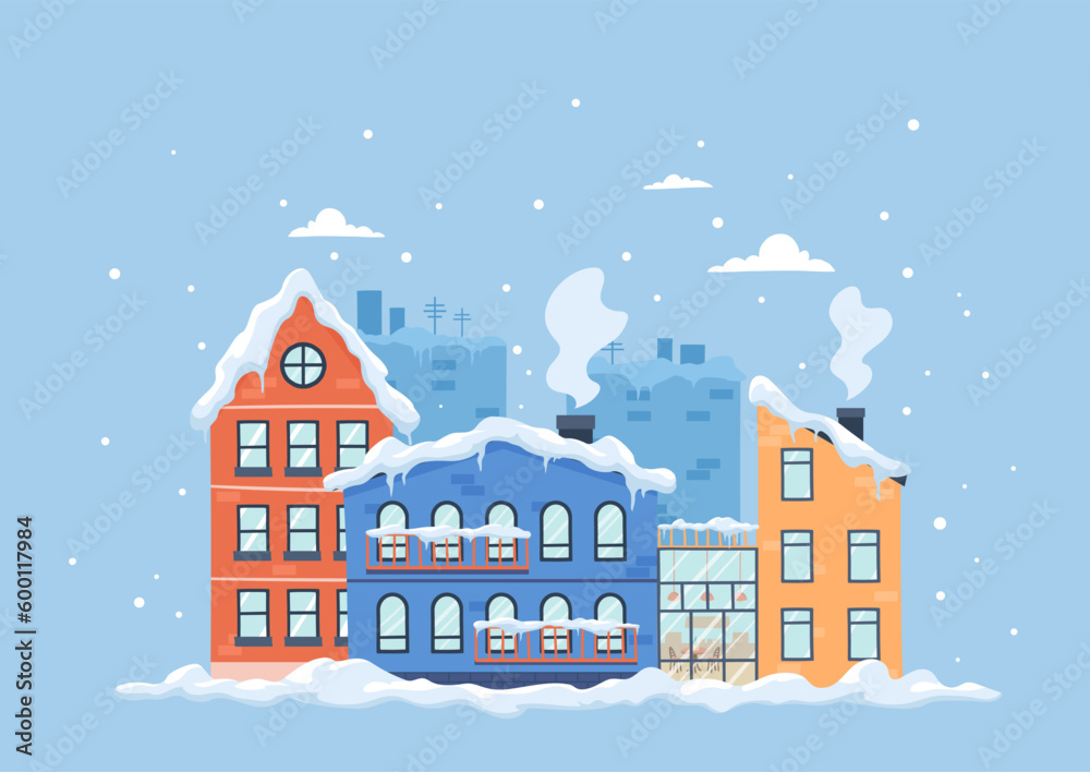 Snow city concept. Cold weather and winter season. New Years and Christmas. City landscape under snowdrifts, beautiful buildings. Design element for greeting card. Cartoon flat vector illustration