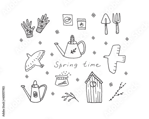 Vector pattern of gardening elements and spring symbols, hand-drawn in doodle style, spring postcard