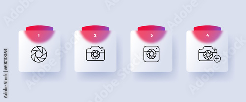 Camera icon set. Artistic expression, documentation, journalism, and scientific research. Photography concept. Glassmorphism style. Vector line icon for Business and Advertising