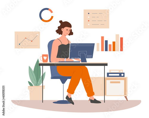 Female professional financial expert. Woman sits at computer against background of graphs and charts. Analyst evaluates market. Accountant or business consultant. Cartoon flat vector illustration