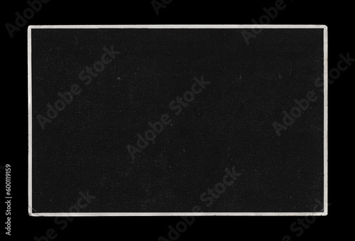 Old Black Empty Aged Vintage Retro Damaged Paper Cardboard Photo Card. Blank Frame. Front and Back Side. Rough Grunge Shabby Scratched Texture. Distressed Overlay Surface for Collage. High Quality.