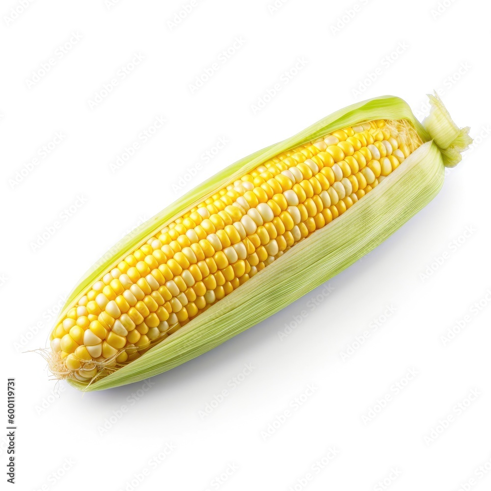 Fresh organic cob of corn with green leaves for recipe cooking with white background Generative AI Illustration Fresh organic cob of corn with green leaves for recipe cooking with white background Generative AI Illustration