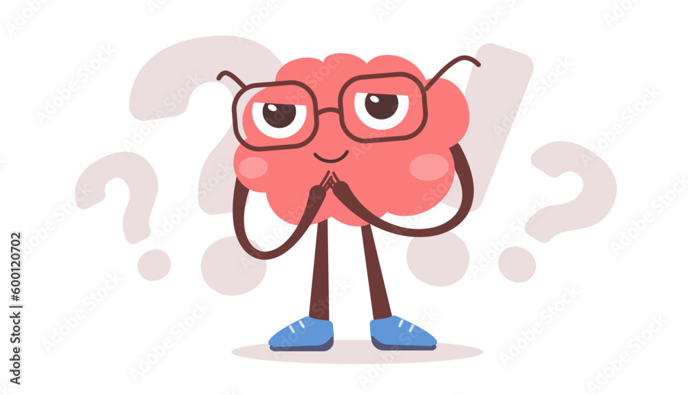 Vector illustration of happy brain character with glasses and question with exclamation mark. Flat style design of business pink brain character on white color background