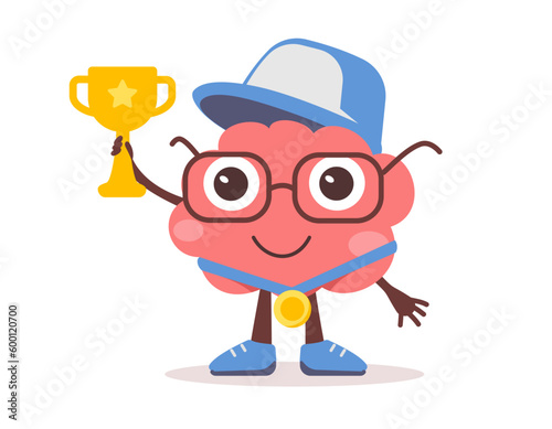 Vector illustration of happy brain character with glasses, cap and golden winner cup. Flat style design of business pink brain character with medal on white color background