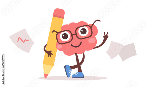 Vector illustration of happy brain character with glasses and pencil with paper. Flat style design of business pink brain character on white color background