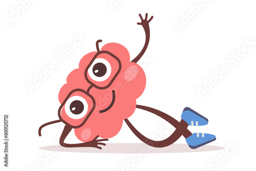Vector illustration of happy brain character with glasses lie down and rest. Flat style design of business pink brain character on white color background