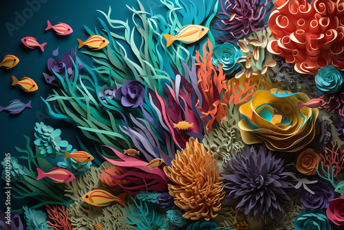colorful coral reef paper art. generative AI © busra