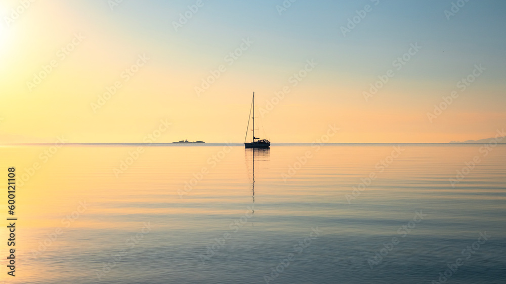 A sailboat on the Aegean coast of Turkey in the early morning