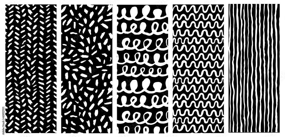 Abstract hand drawn textures made with gouache. Isolated on white background. Black grunge elements like dots, lines, waves, strokes, spots.