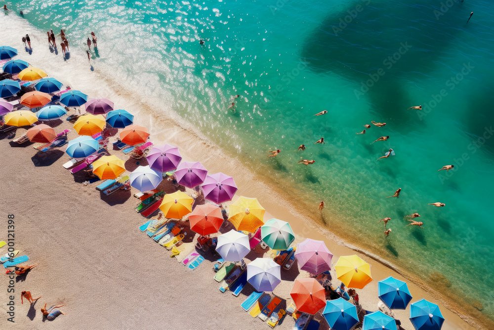 Generative AI illustration of Colorful beach umbrellas on a sunny day